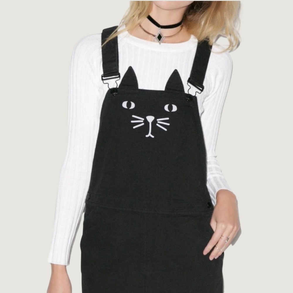 Lazy Oaf Cat Face Cotton Pinafore Dress Overall Skirt Black Tumblr Twee Large